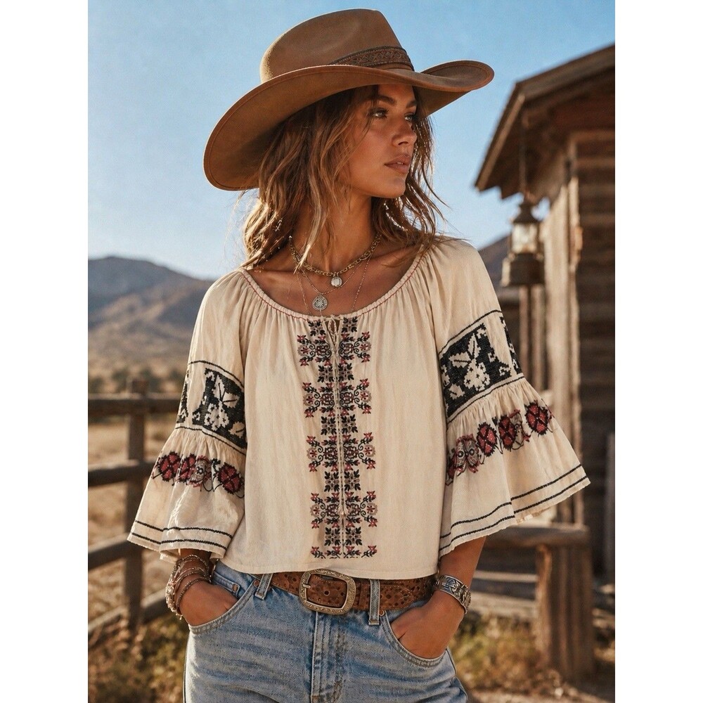 Sophie Max 100% Cotton Embroidered Boho Festival Casual Top Bell Sleeve M - Picture 2 of 9